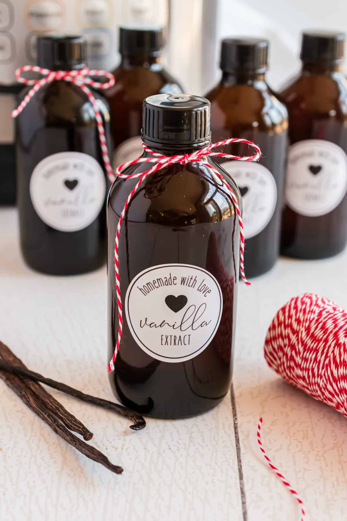 Homemade Vanilla Extract in glass bottles.