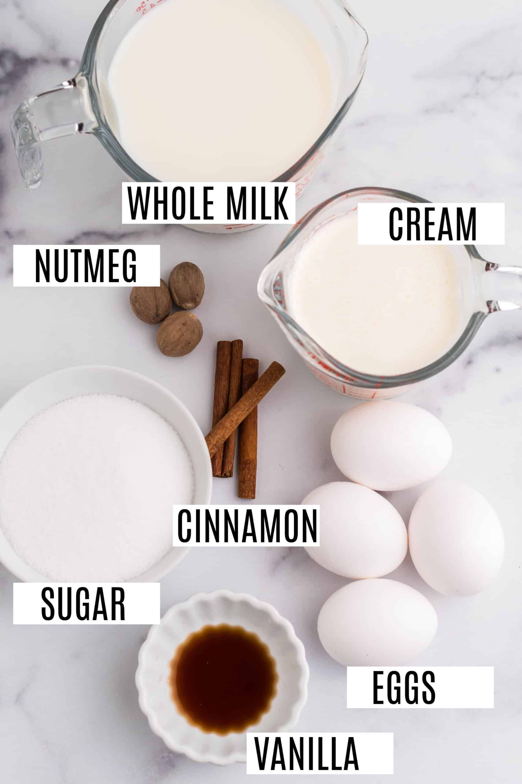 Ingredients needed for homemade eggnog.