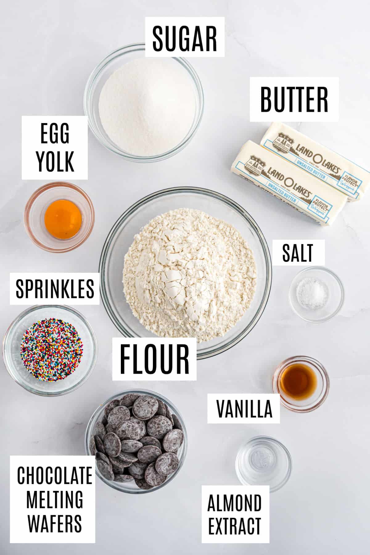 Ingredients needed to make butter cookies.