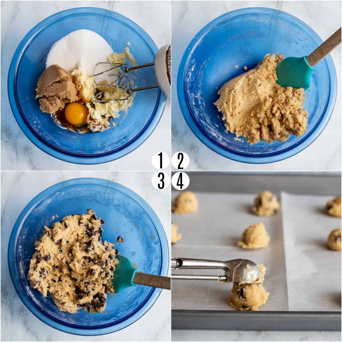 Step by step photos showing how to make chocolate chip cookie dough.