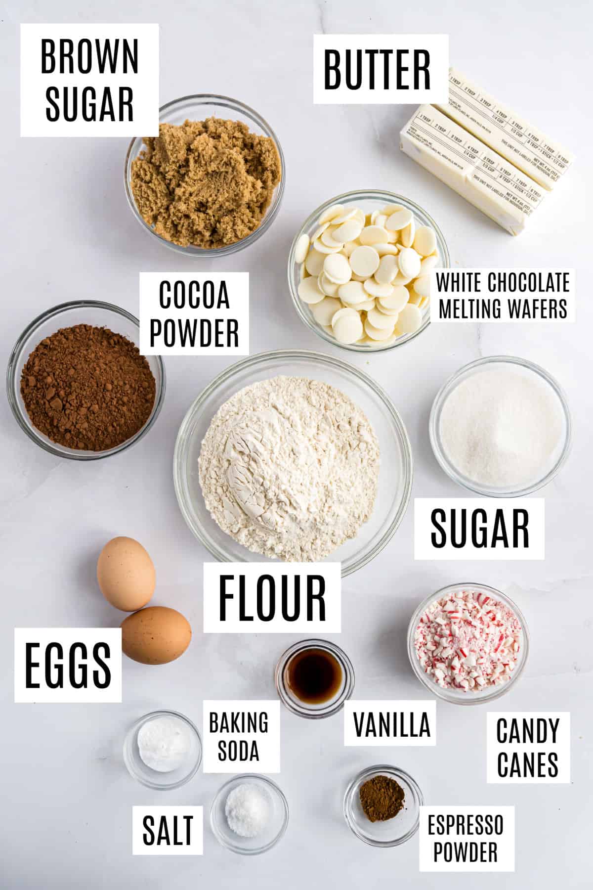 Ingredients needed to make chocolate cookies.