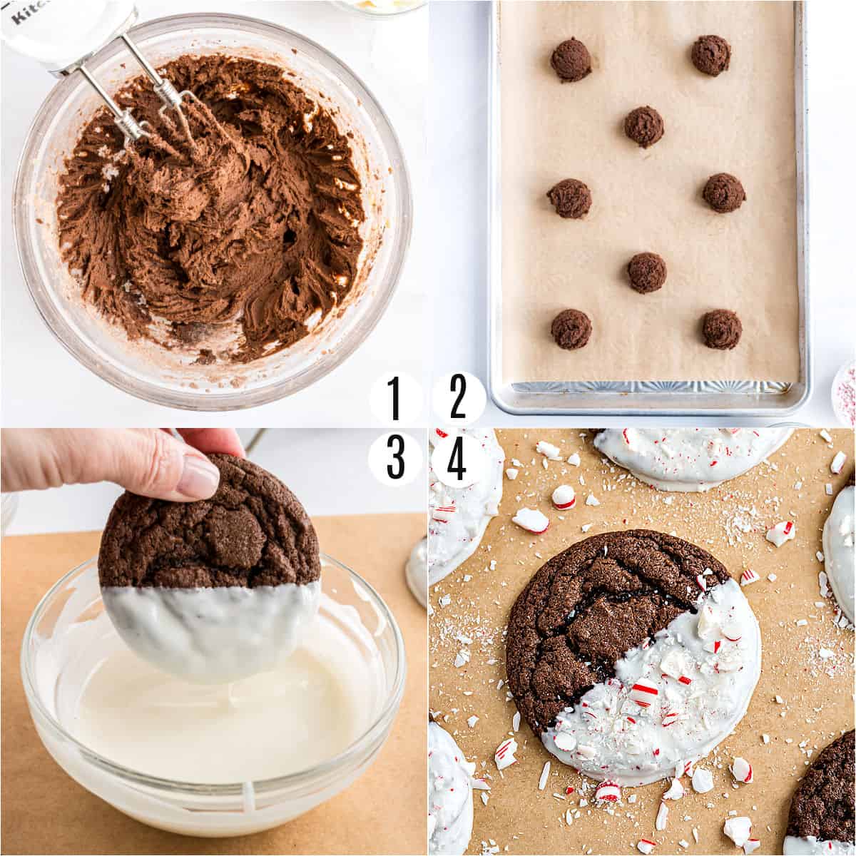 Step by step photos showing how to make chocolate peppermint cookies.