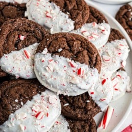 Guaranteed to bring holiday cheer to your taste buds, Chocolate Cookies with peppermint topping are a festive addition to your Christmas Cookie trays!