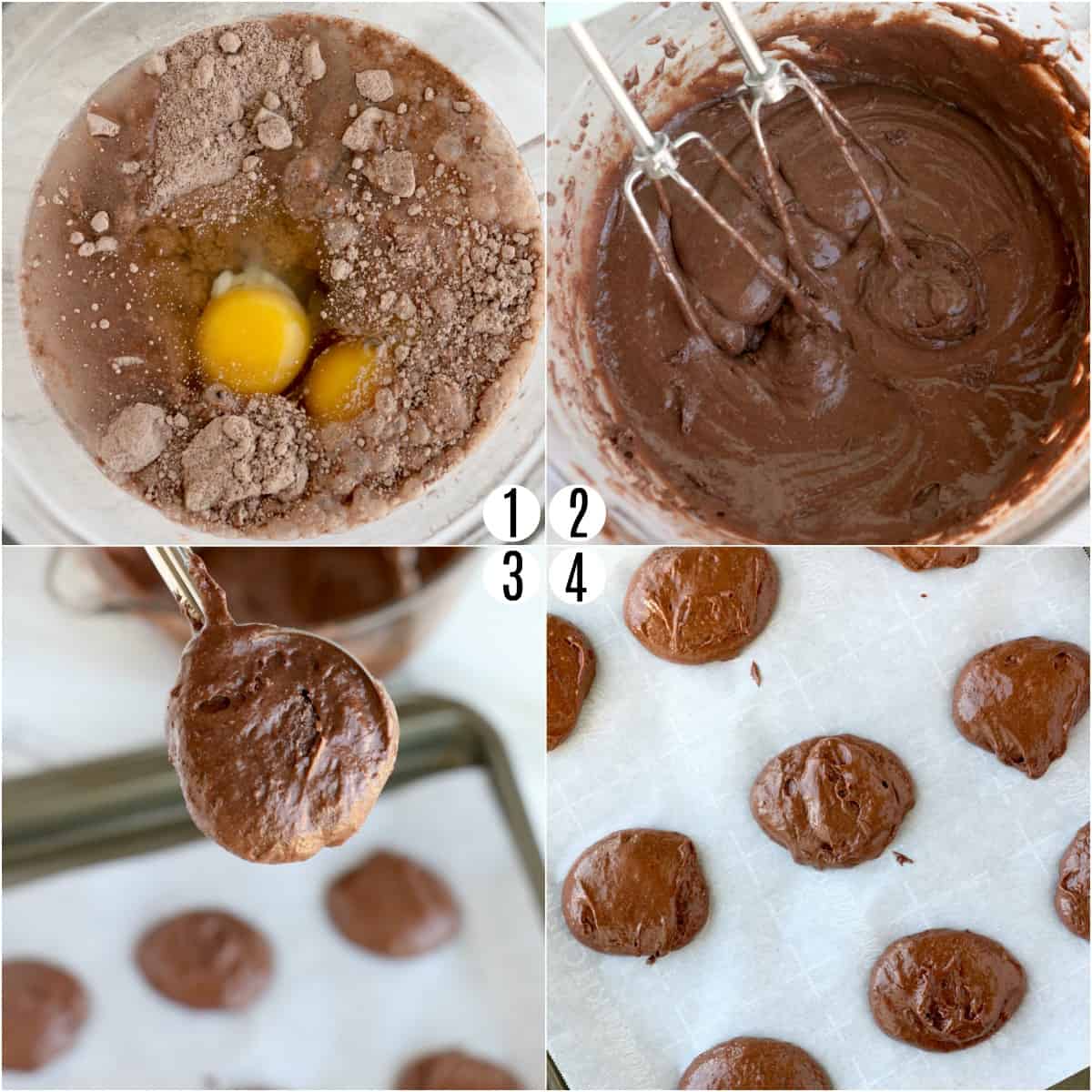 Step by step photos showing how to make chocolate whoopie pies.