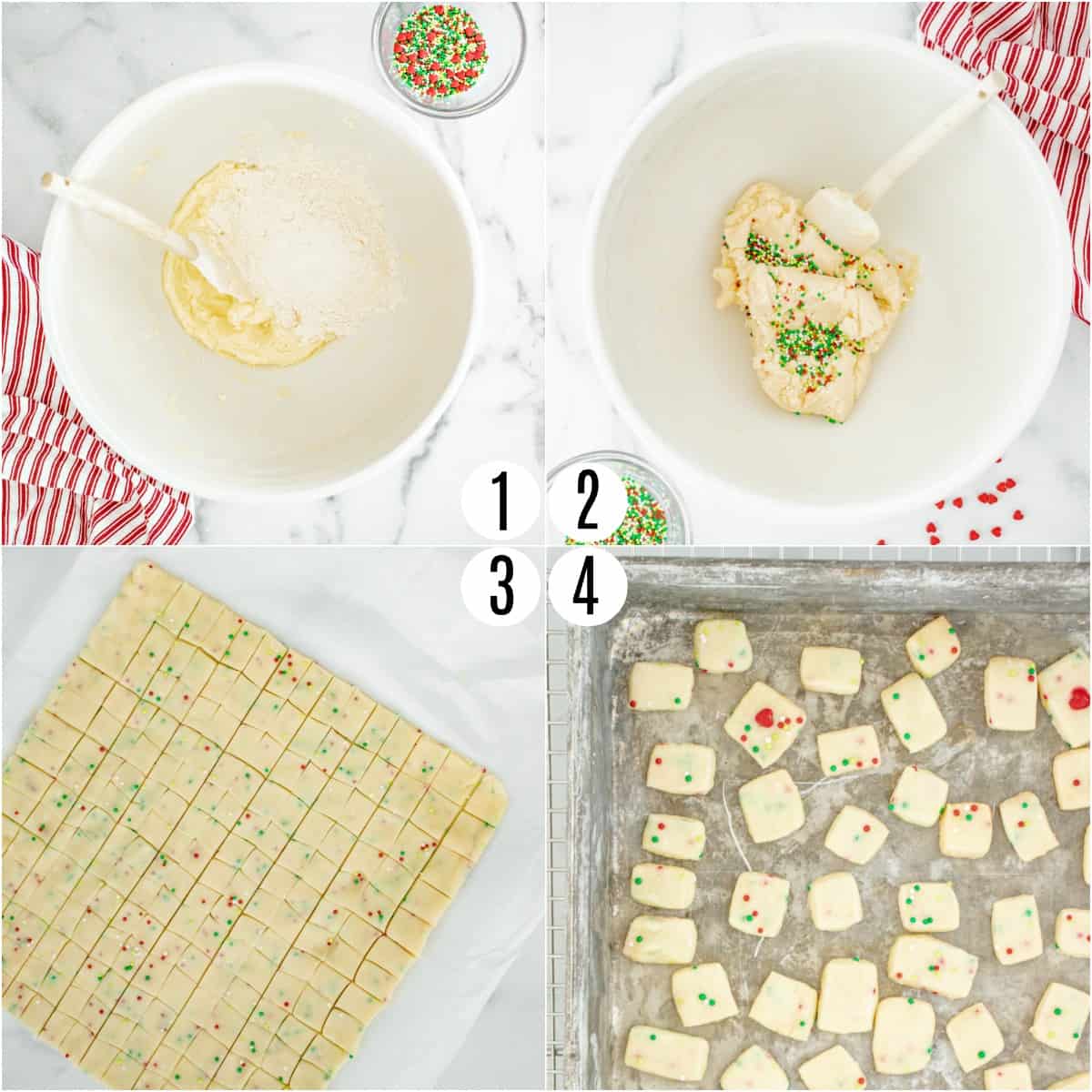 Fotos passo a passo mostrando como fazer picadinhas de biscoito de pão curto.
