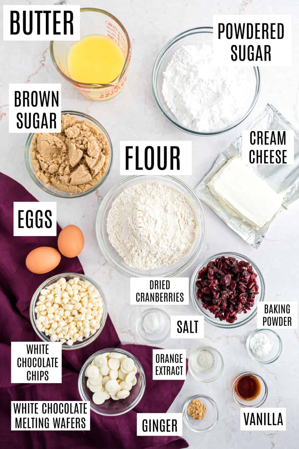 Ingredients needed to make cranberry bliss bars.