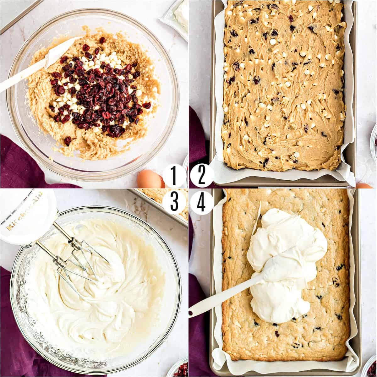 Step by step photos showing how to make cranberry bliss bars.