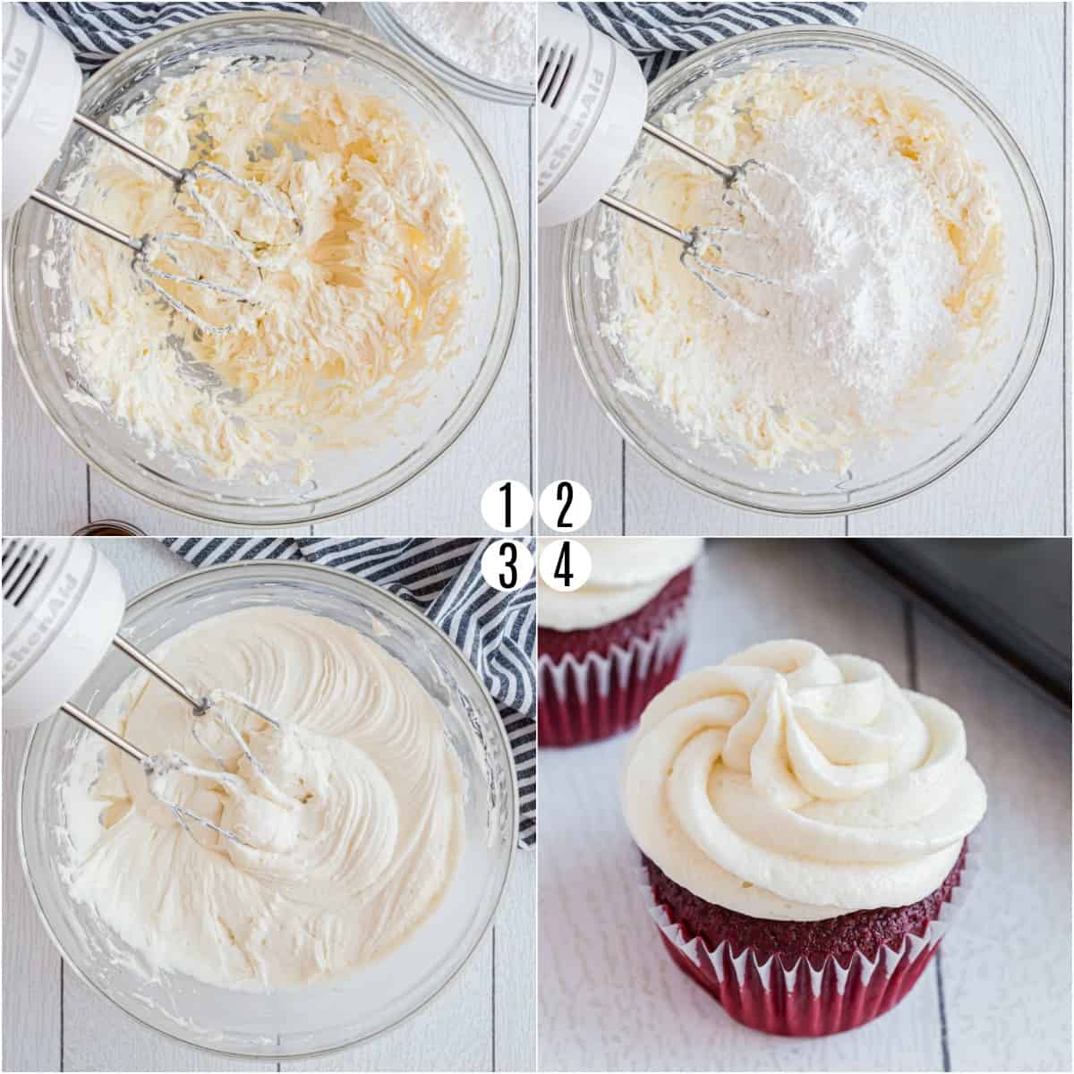 Step by step photos showing how to make cream cheese frosting.