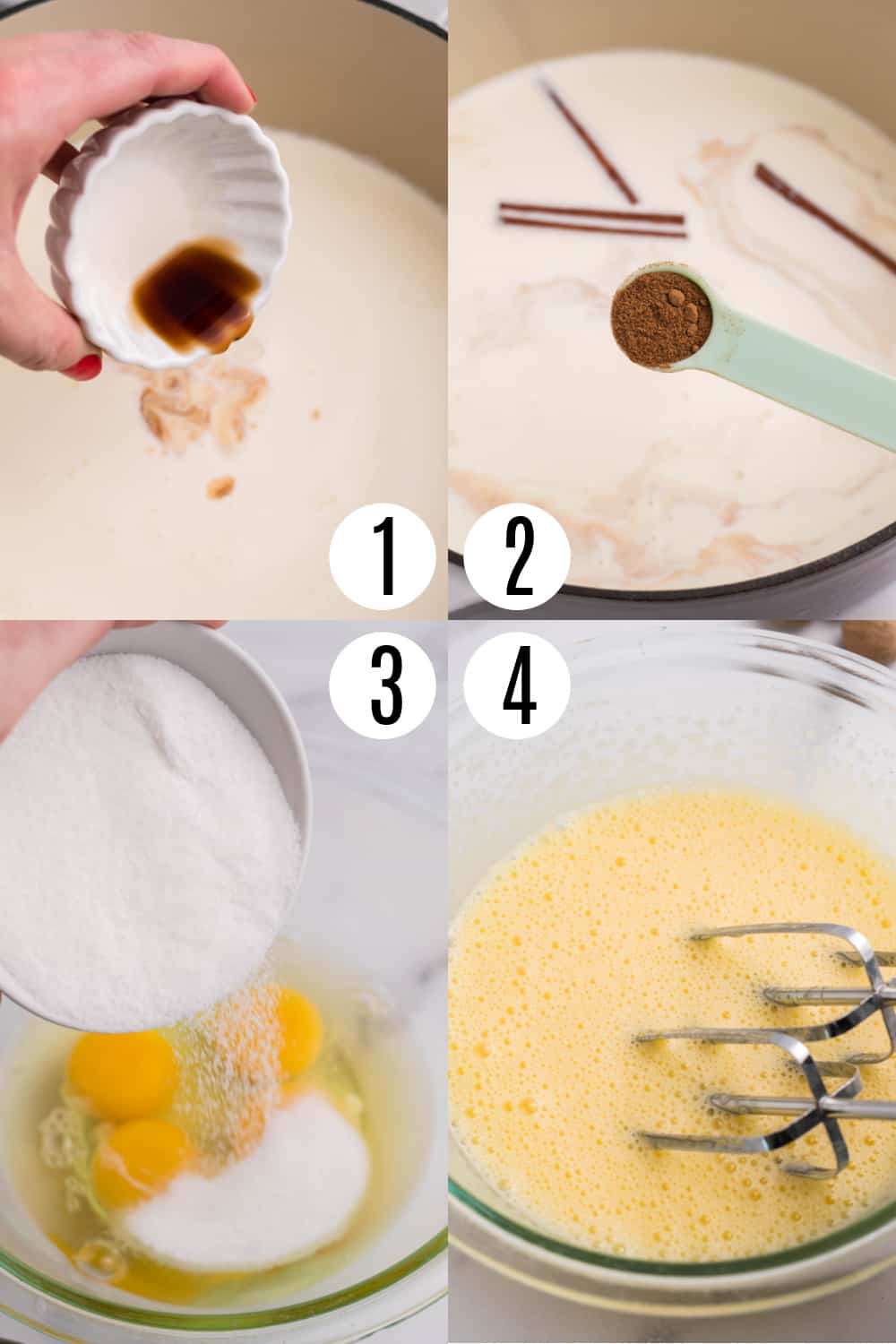 Step by step photos showing how to make eggnog.