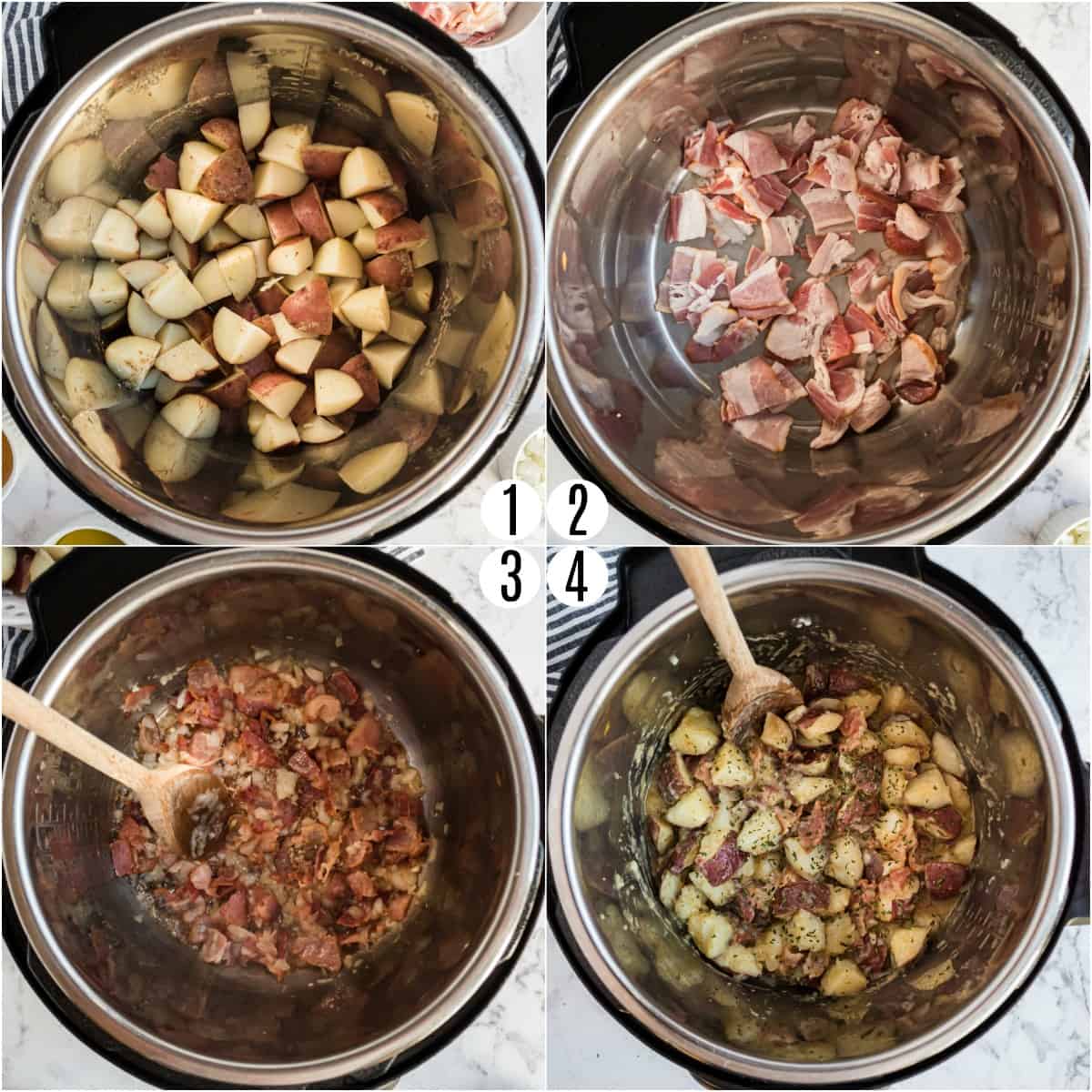 Step by step photos showing how to make Instant Pot German Potato Salad.