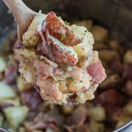 German potato salad on a serving spoon.