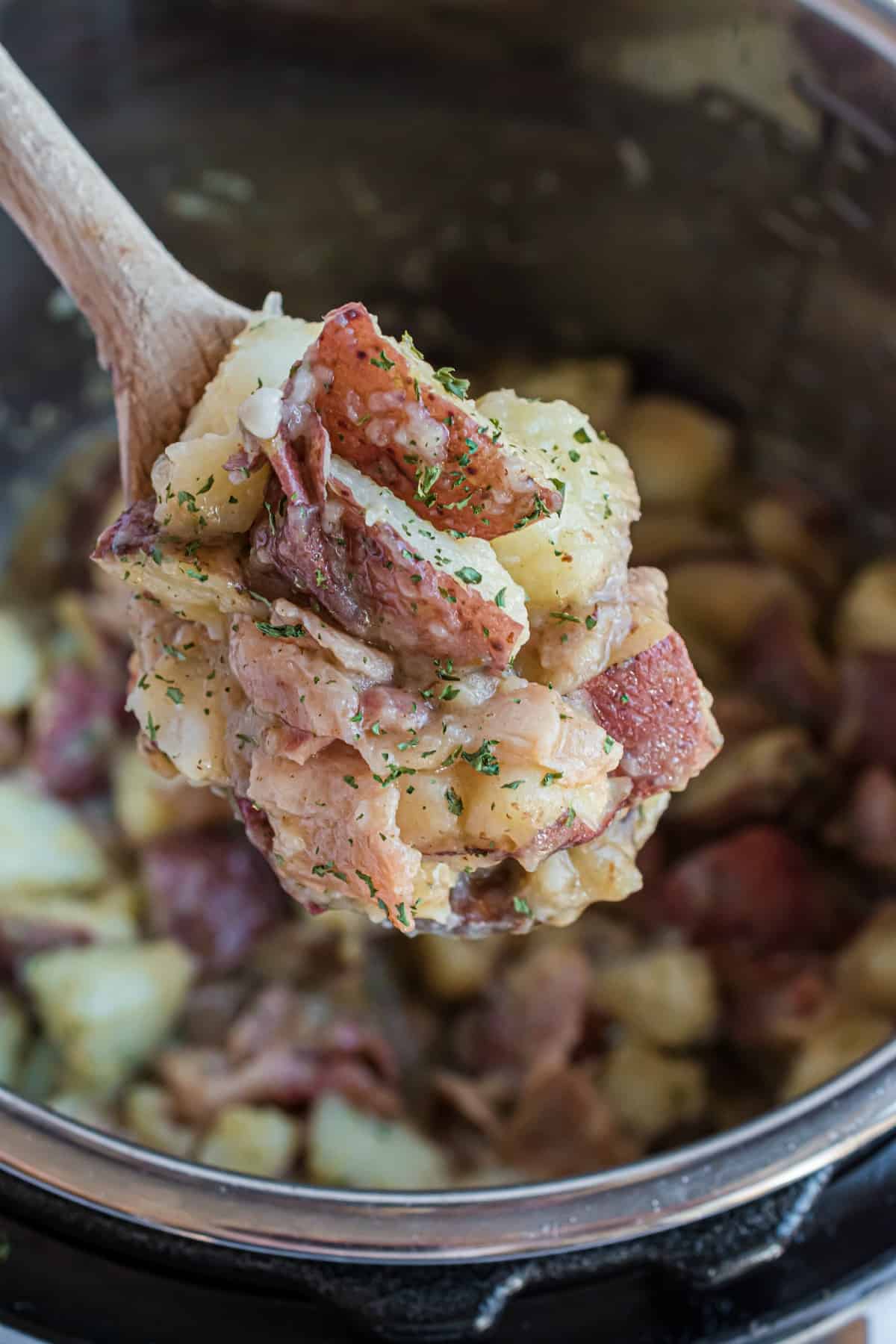 German potato salad on a serving spoon.