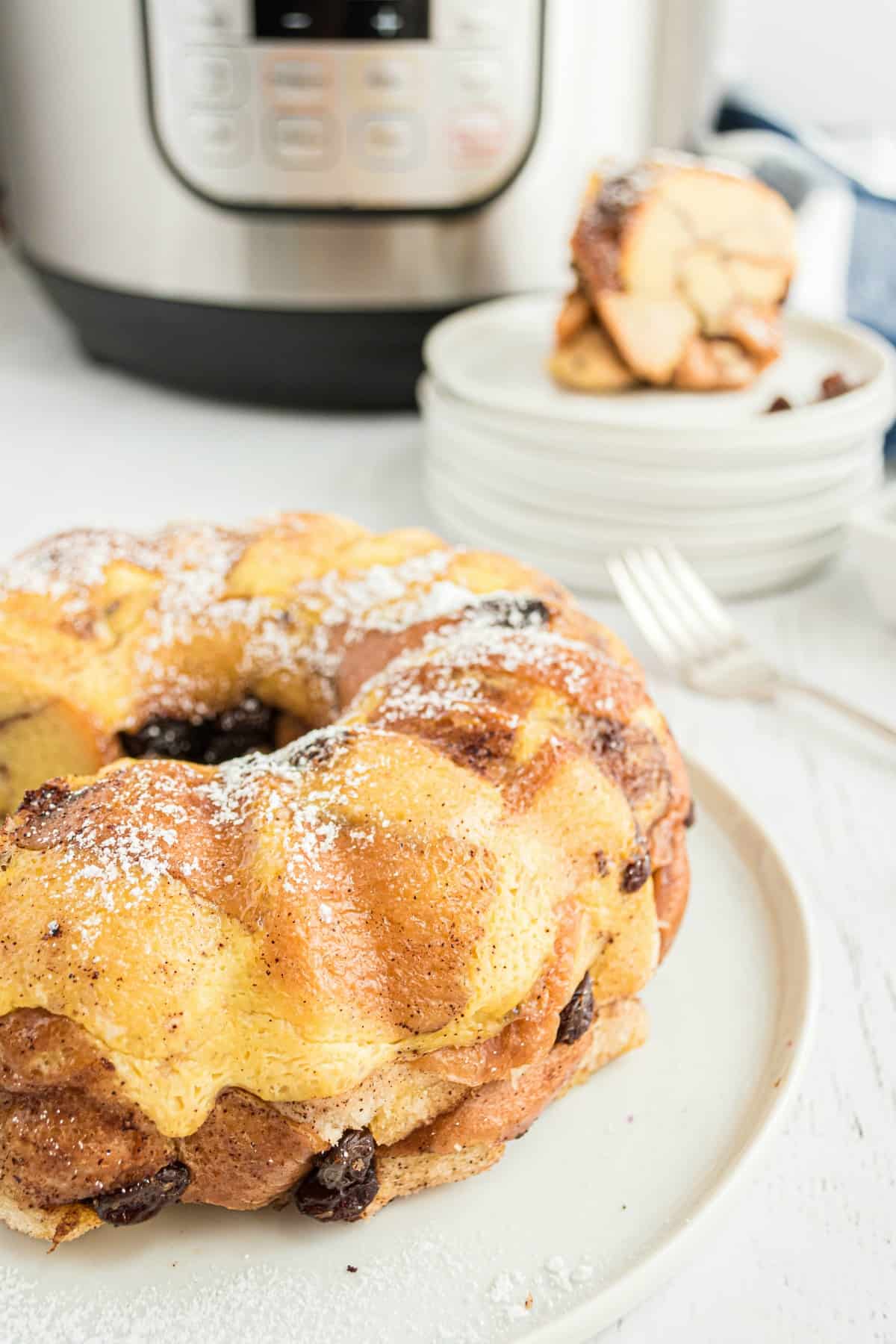 Bread pudding made in a bundt pan in the Instant Pot.