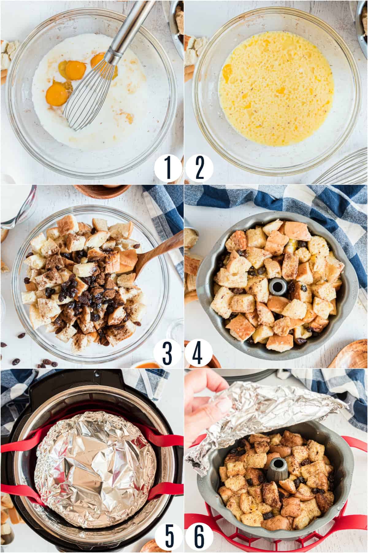 Step by step photos showing how to make bread pudding in the Instant Pot.