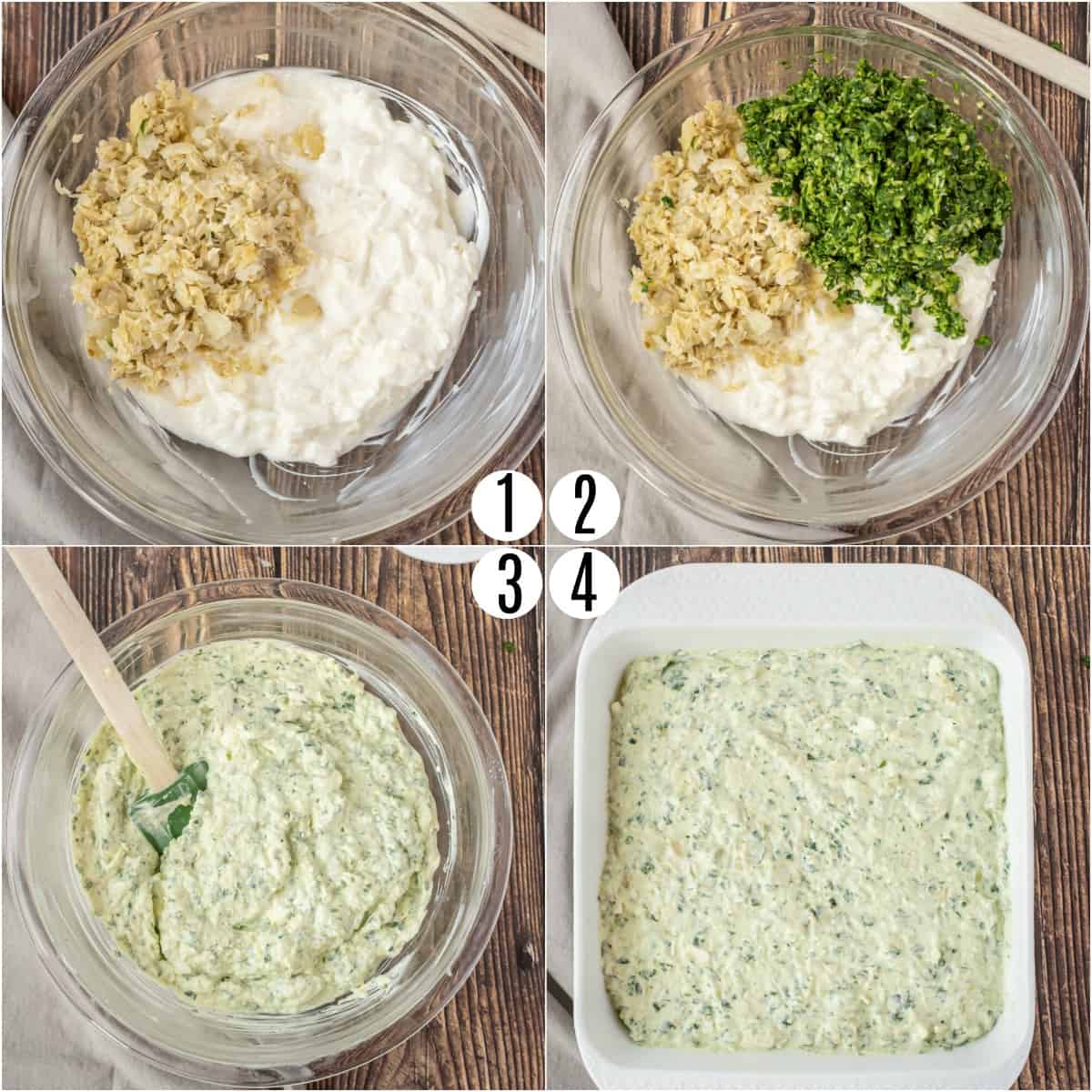 Step by step photos showing how to make spinach artichoke dip.