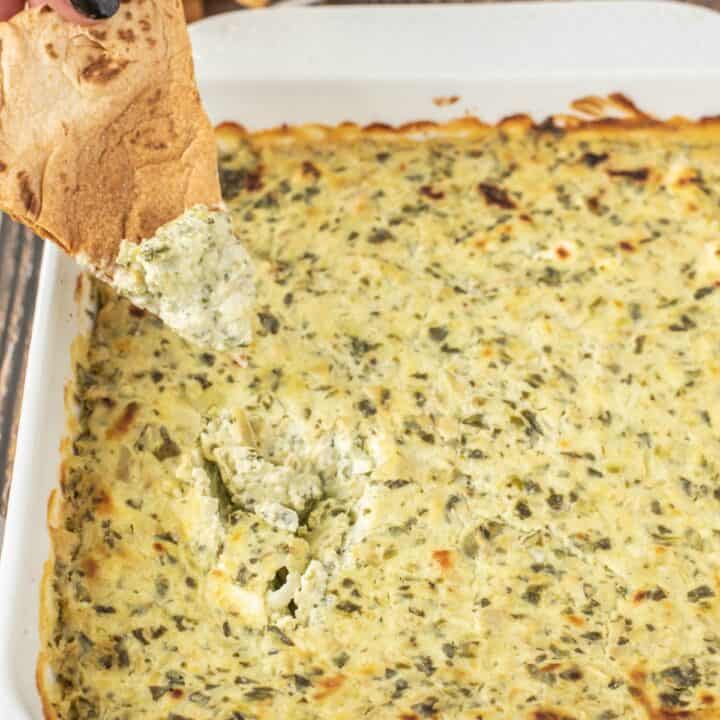 Spinach artichoke dip scooped onto a tortilla chip.