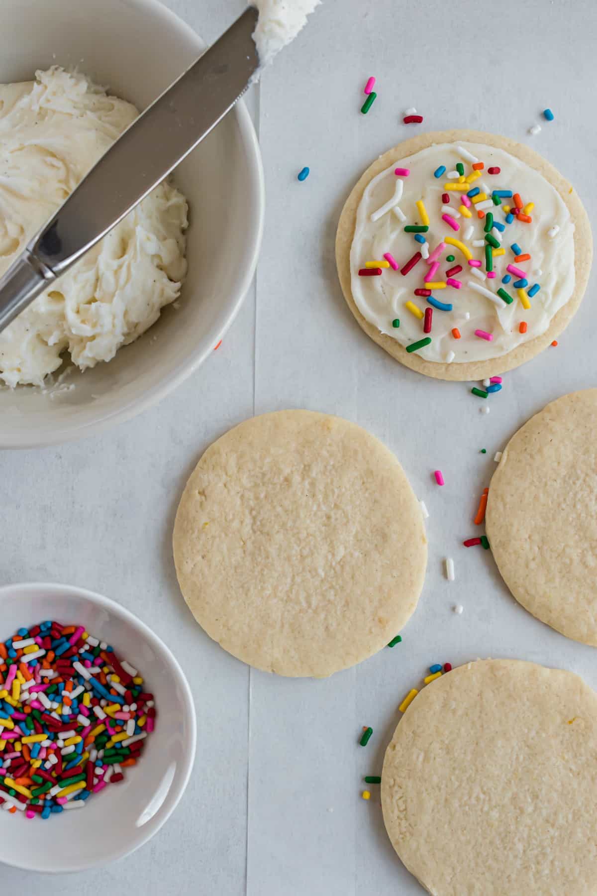 Sugar cookie cut outs with vanilla bean frosting.