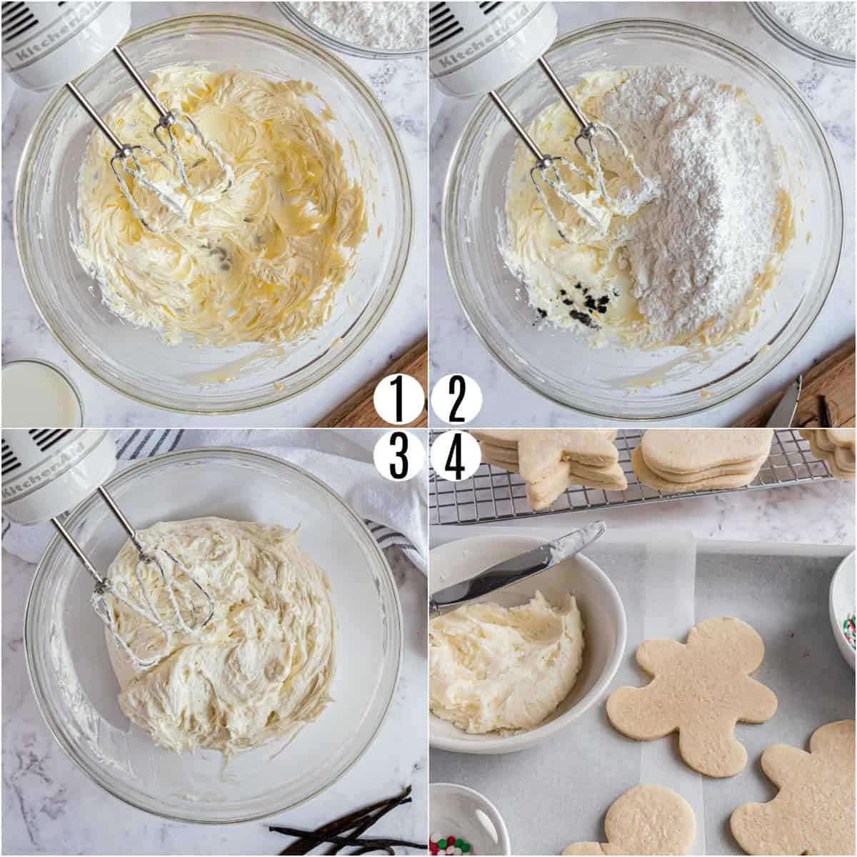 Step by step photos showing how to make vanilla bean frosting.