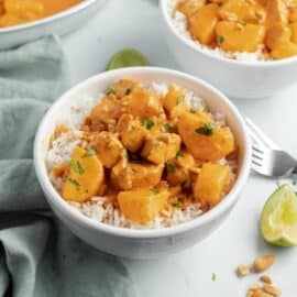 massaman curry over rice in bowl