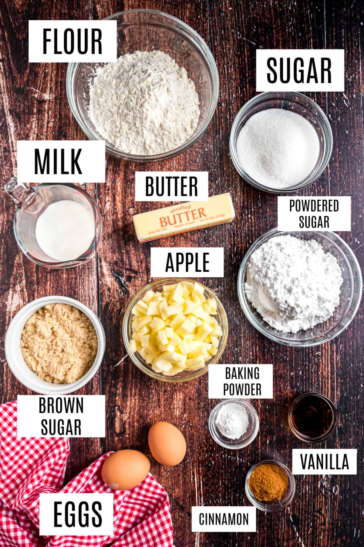 Ingredients needed to make apple cinnamon bread.