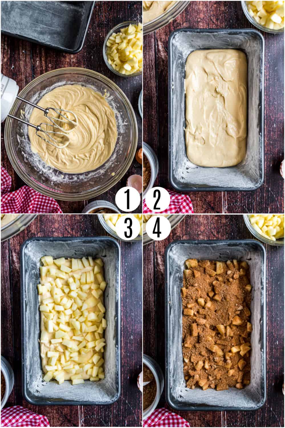 Step by step photos showing how to make apple cinnamon bread.
