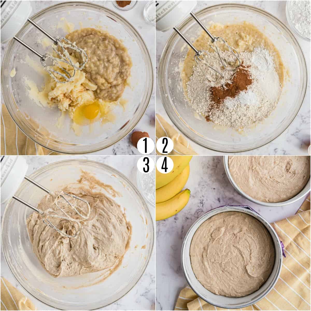 Step by step photos showing how to make banana cake.
