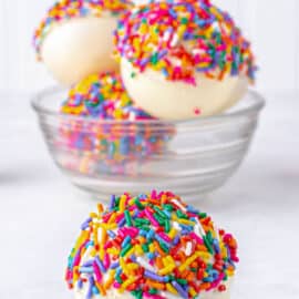 White chocolate hot cocoa bomb with sprinkles.