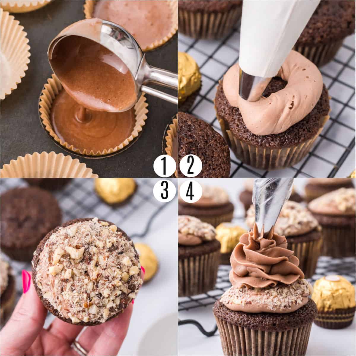 Step by step photos showing how to make ferrero rocher cupcakes.