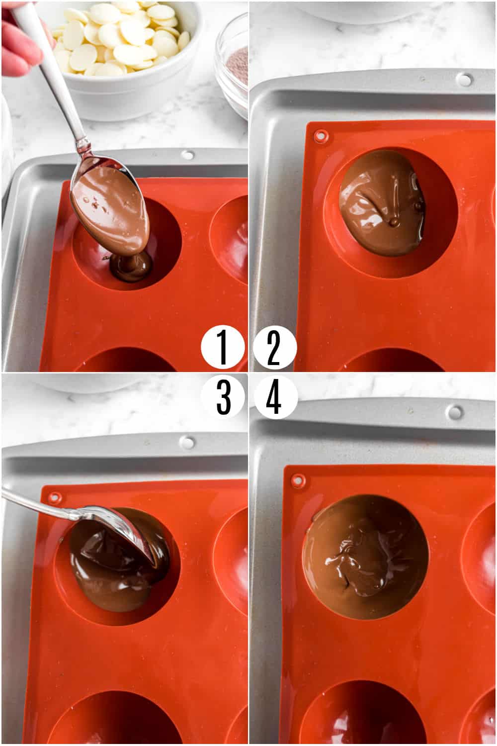 Step by step photos showing how to add melted chocolate to hot cocoa molds.