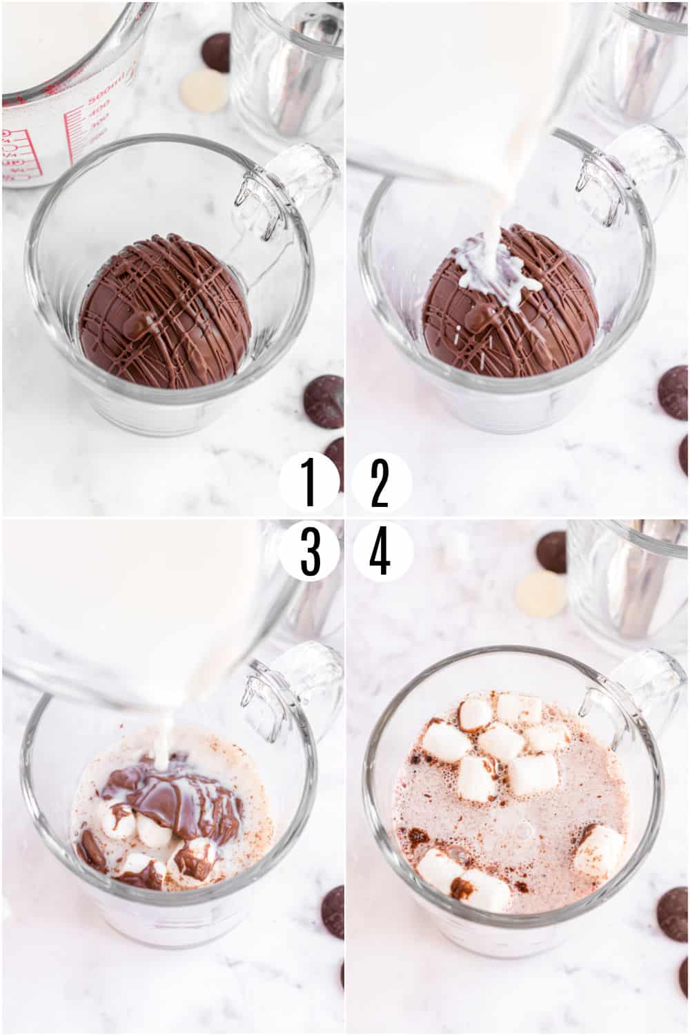 Step by step photos showing how to add warm milk to hot cocoa bombs.