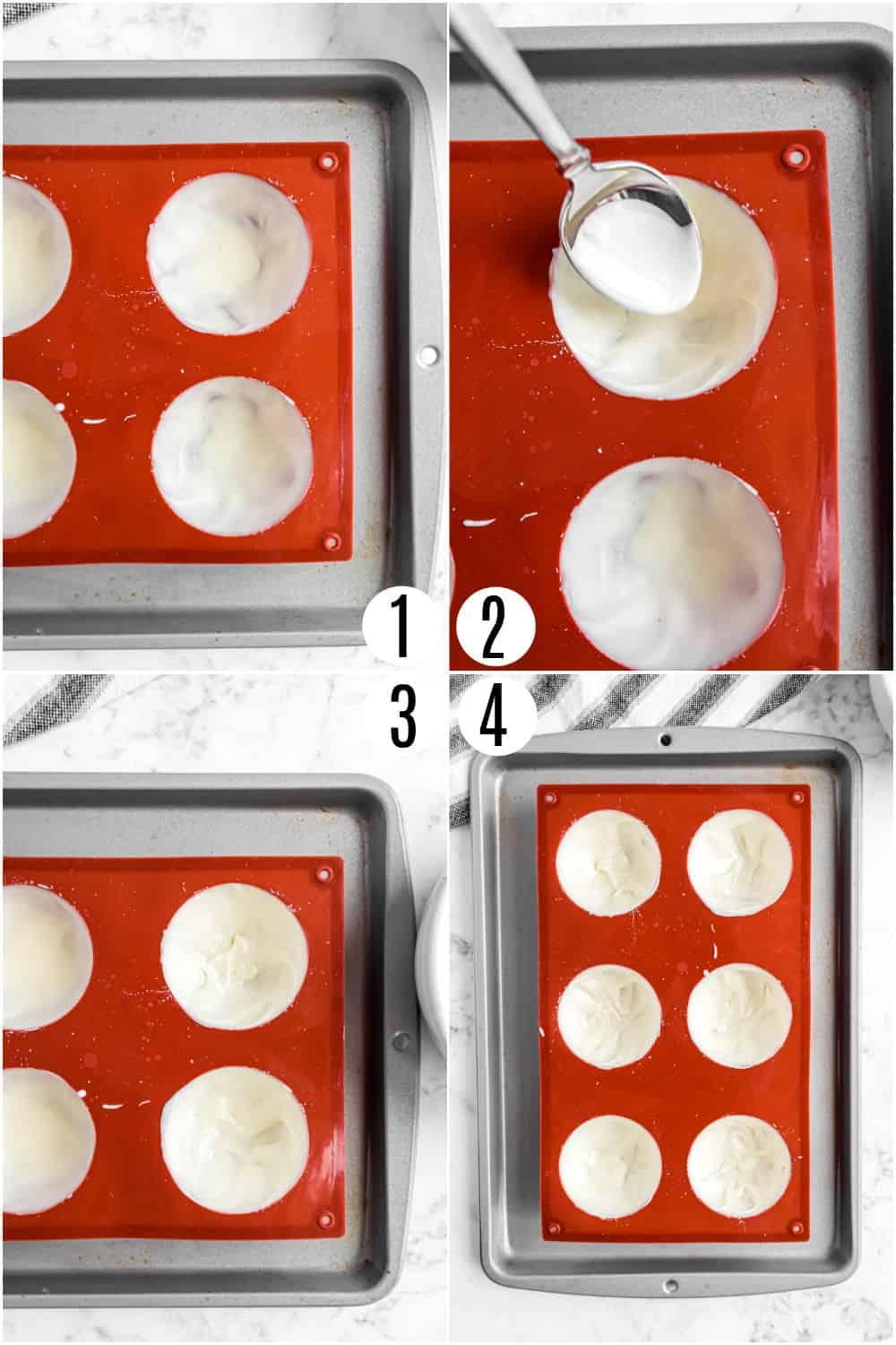 Step by step photos showing how to fill silicone mold with white chocolate.