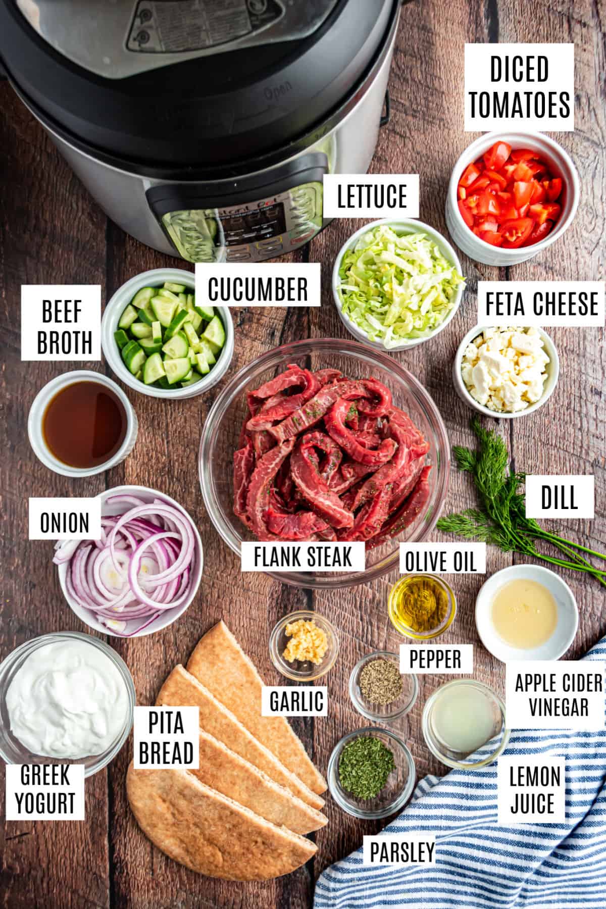 Ingredients needed to make beef gyros in the pressure cooker.