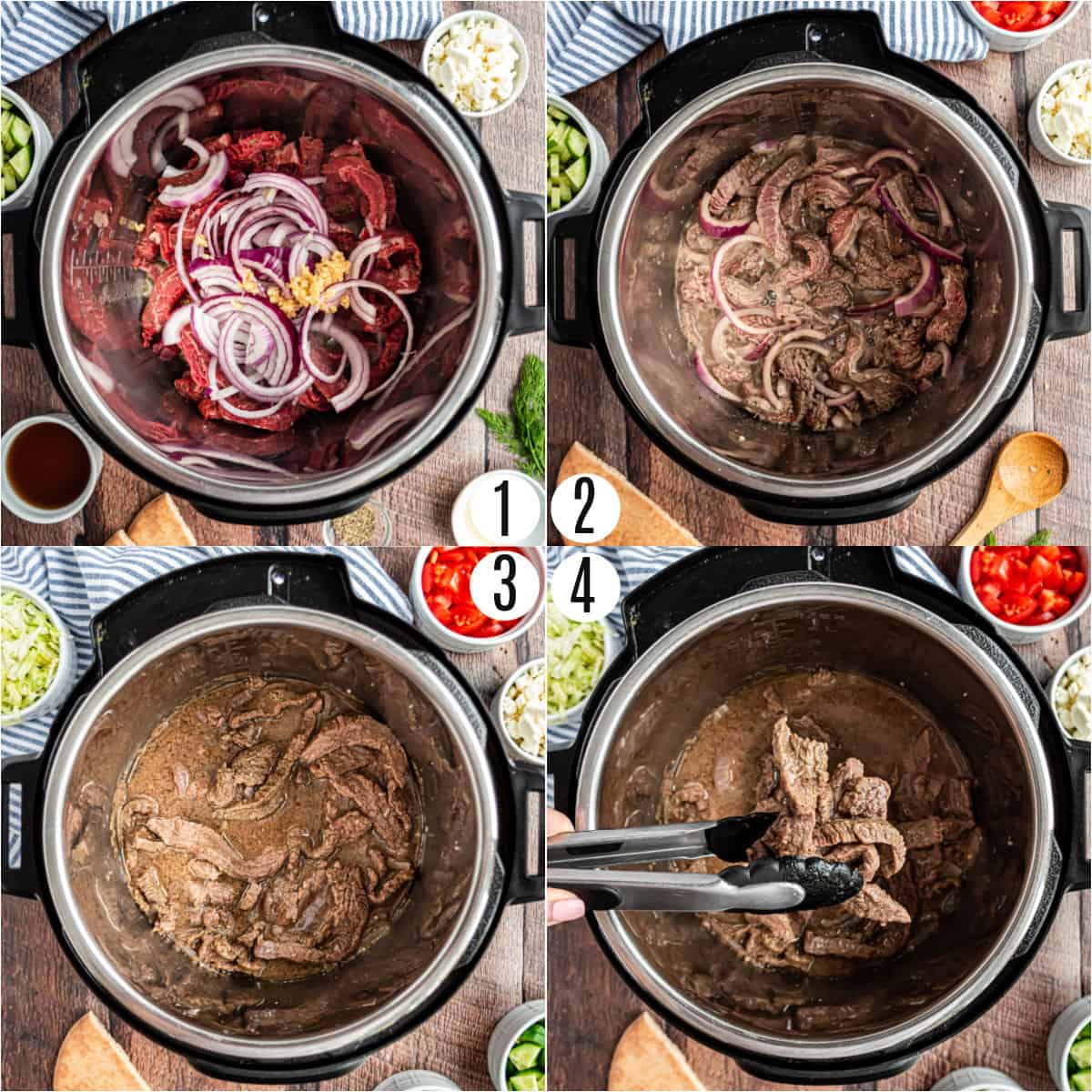 Step by step photos showing how to make beef gyros in instant pot.
