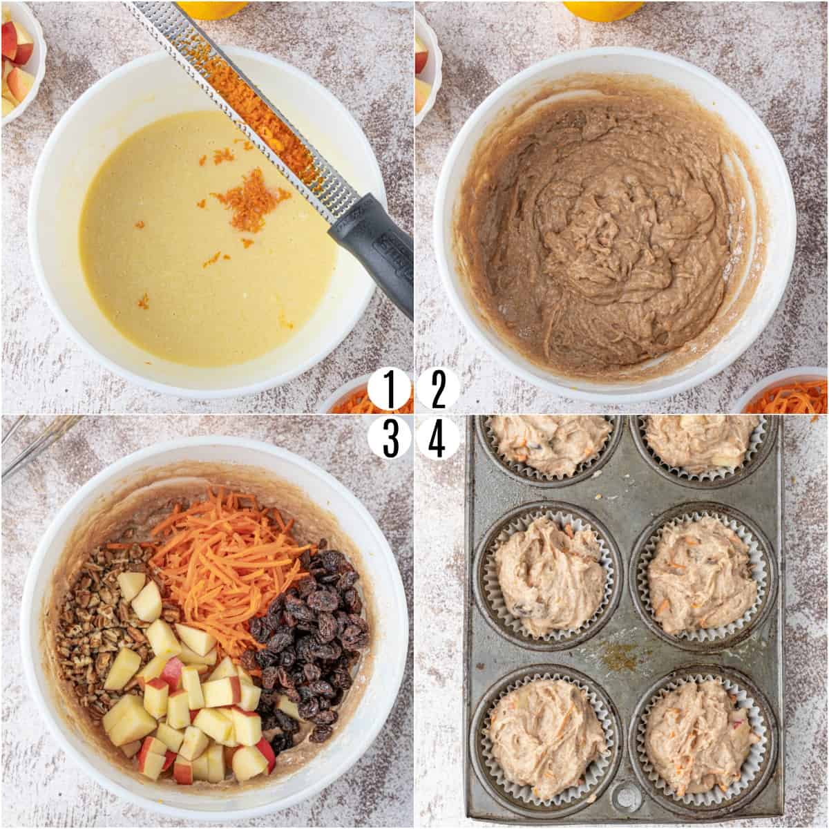 Step by step photos showing how to make morning glory muffins.