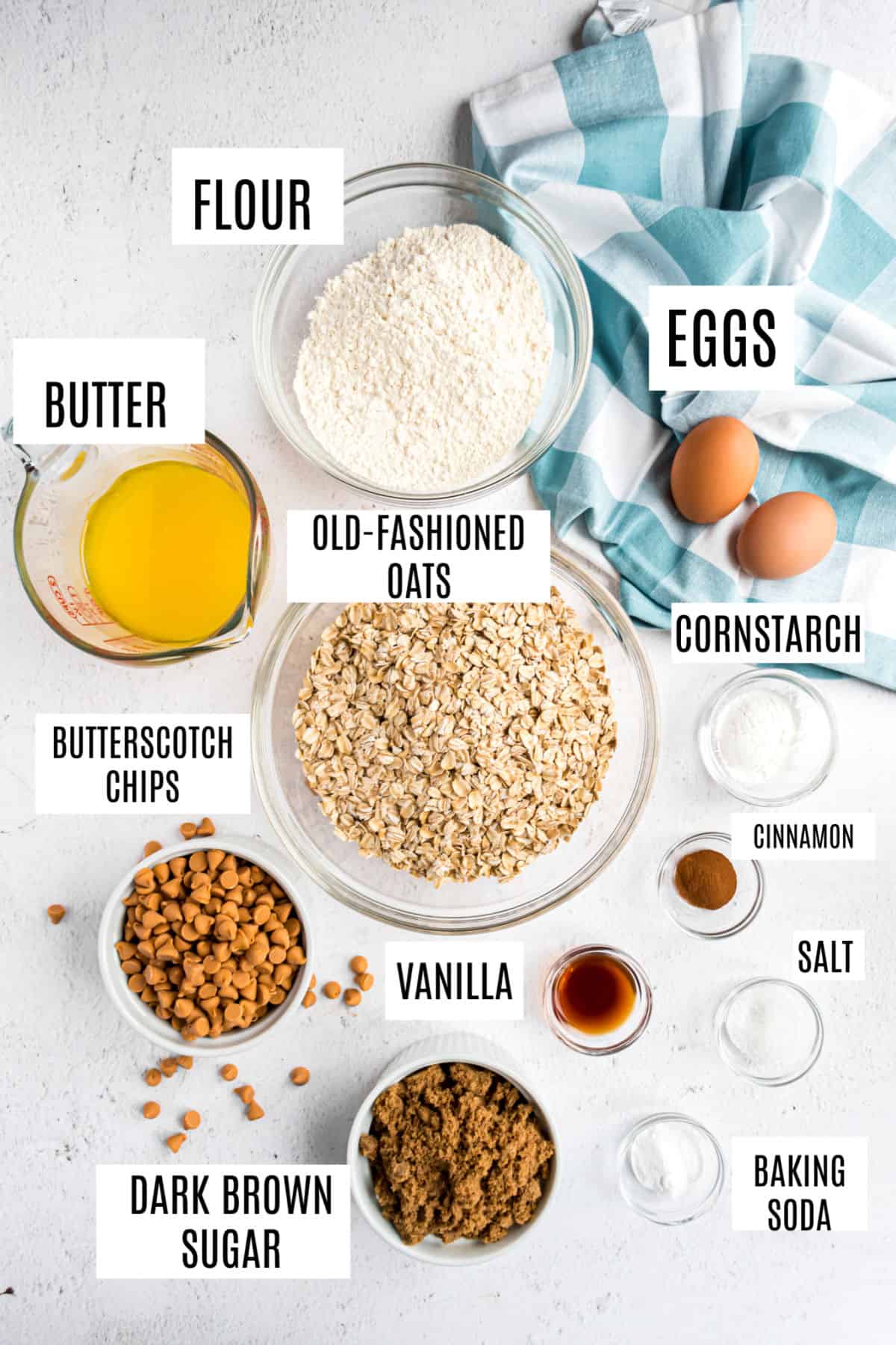 Ingredients needed to make butterscotch oatmeal cookies.