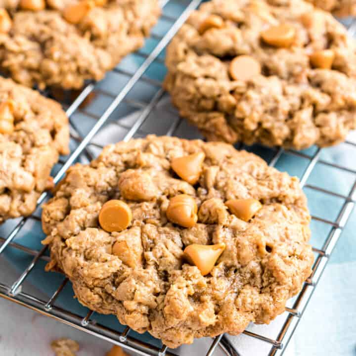 Oatmeal scotchies cooling on a wire rack.