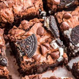 Oreo brownies cut into large squares.
