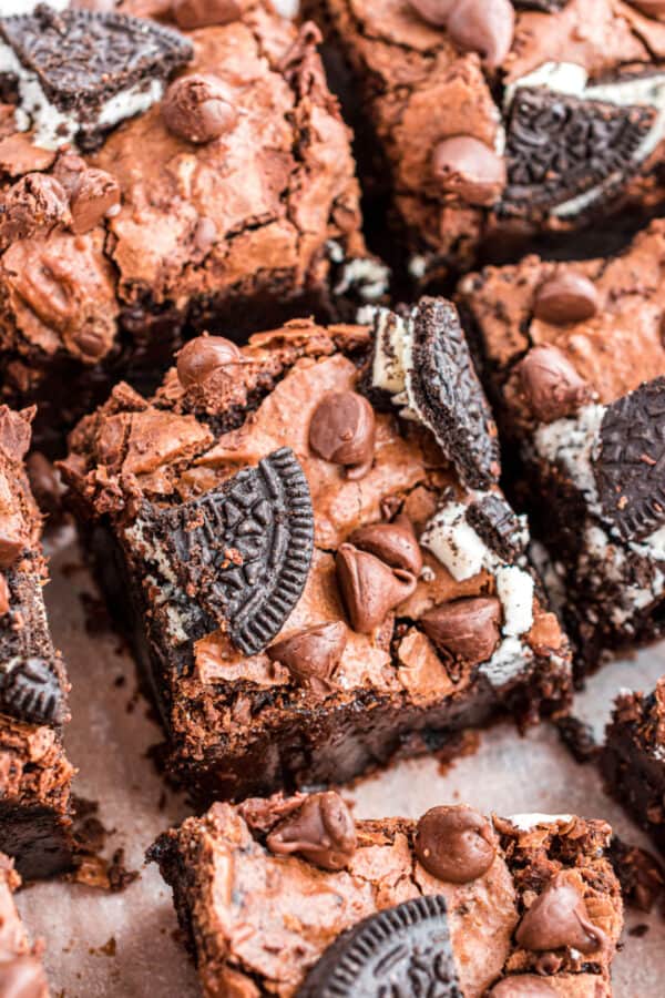 Oreo brownies cut into large squares.