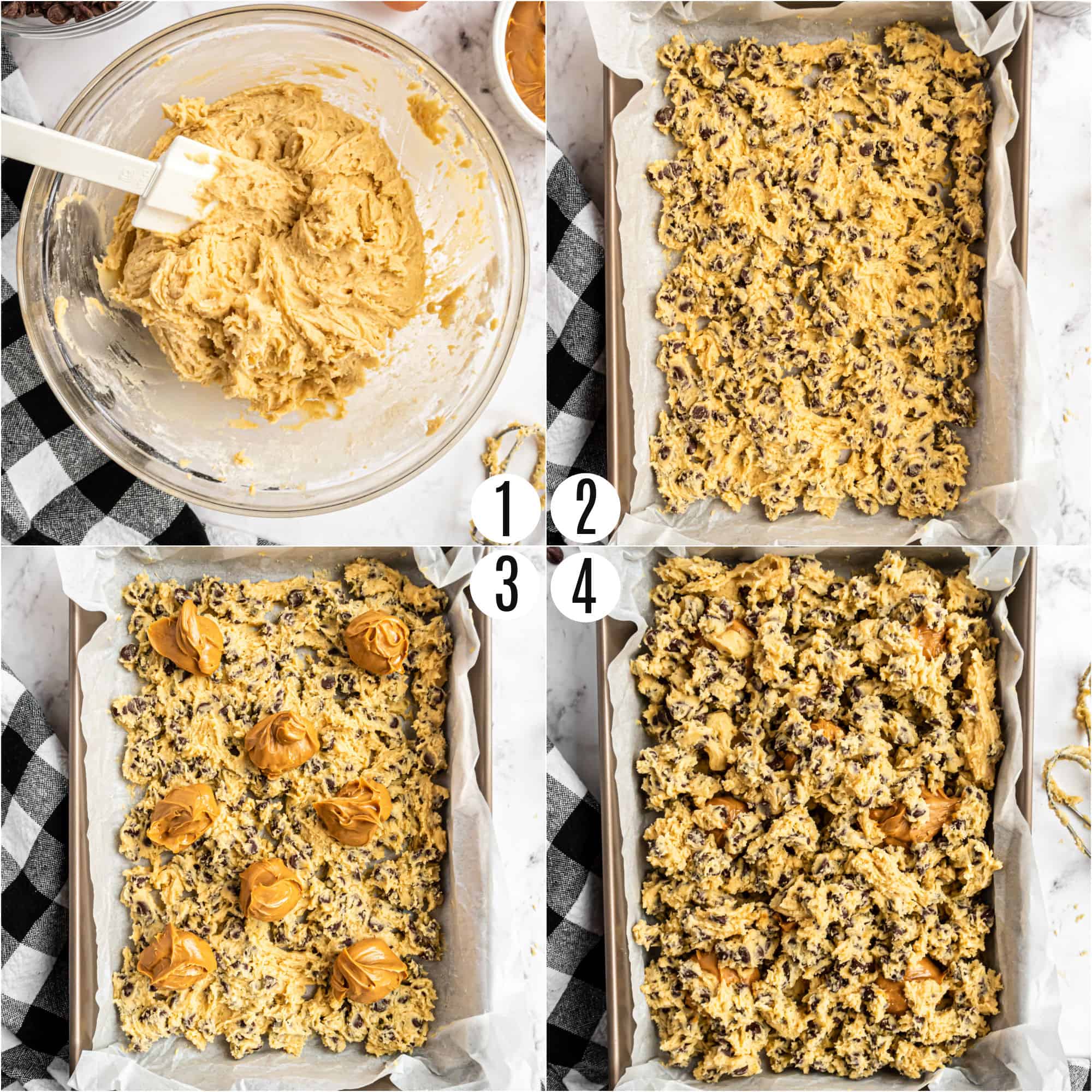 Step by step photos showing how to make peanut butter swirled chocolate chip cookie bars.