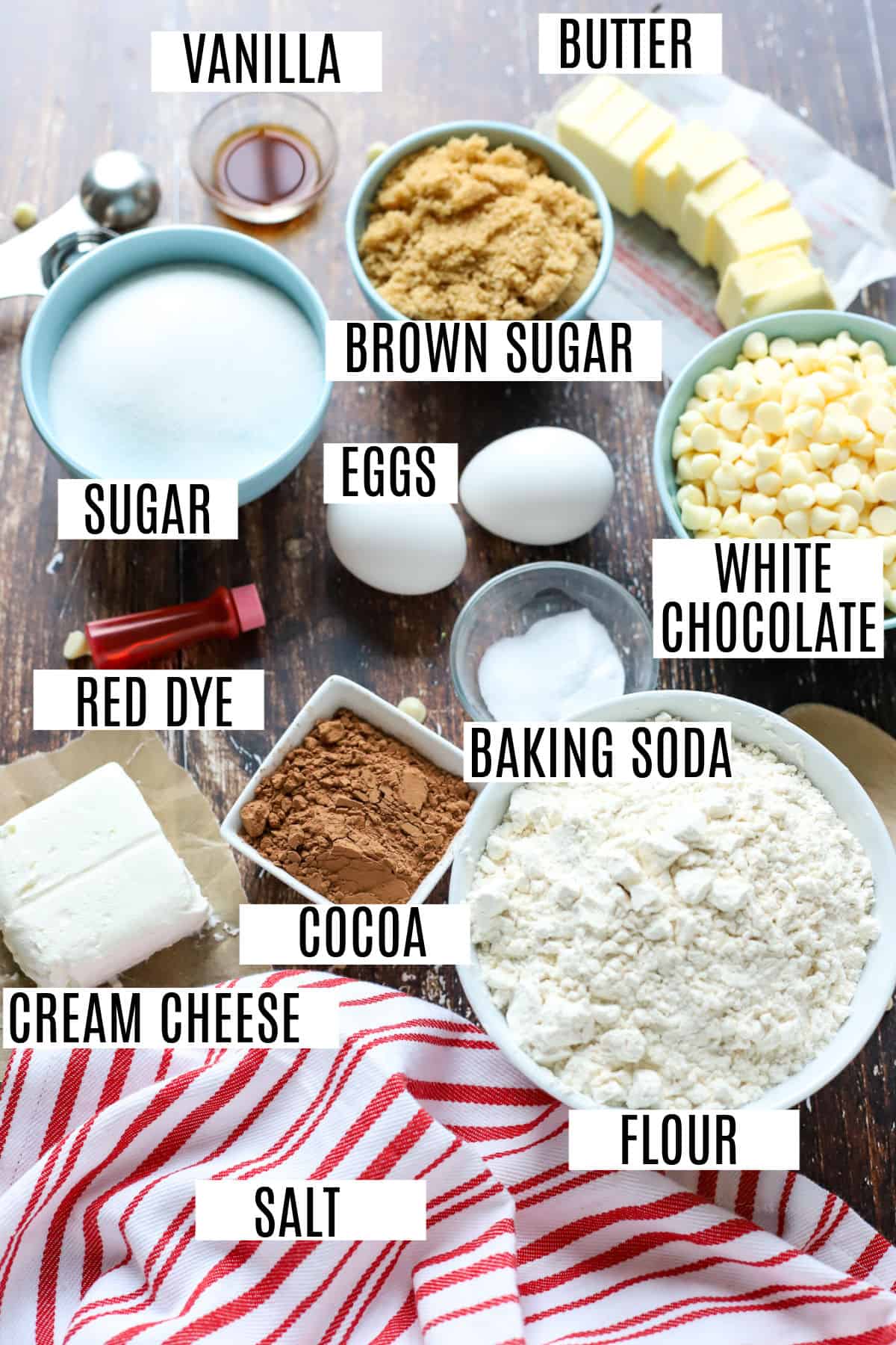 Ingredients needed to make red velvet cookies.