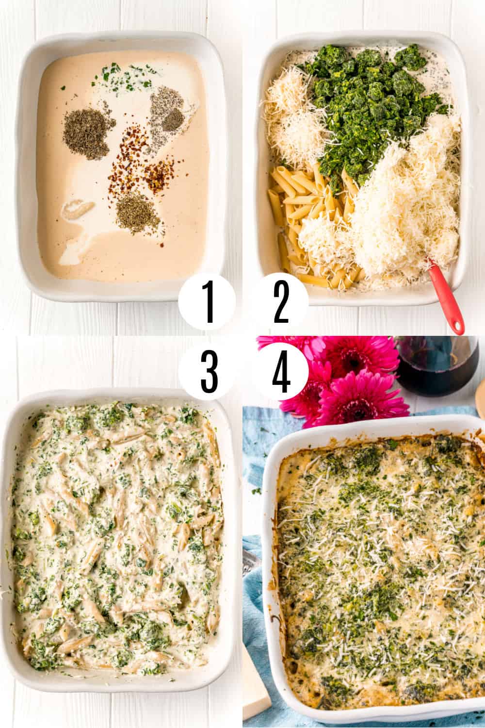 Step by step photos showing how to make spinach alfredo pasta bake.