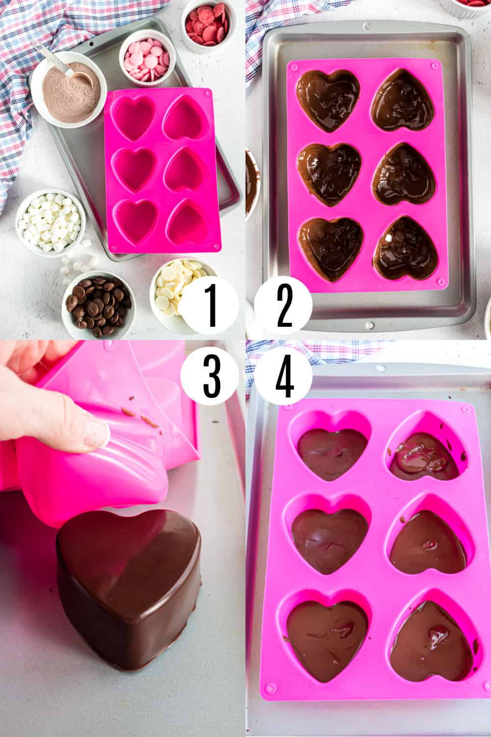 Ingredients, tools, and step to make heart shaped hot cocoa bombs.