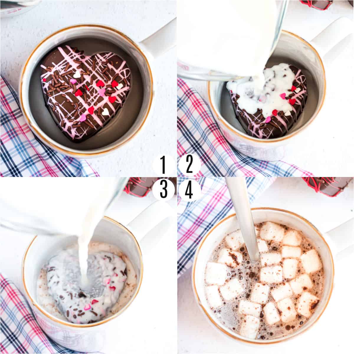 Step by step photos showing how to serve hot cocoa bombs for Valentine's Day.