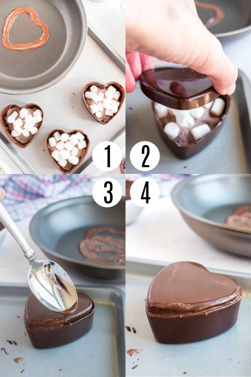 Step by step photos showing how to fill heart shaped hot cocoa molds.