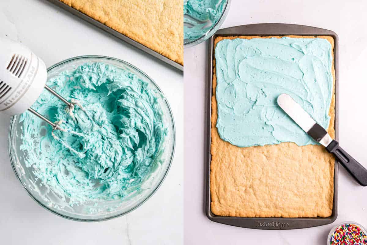 A bowl of blue frosting sits next to a sheet cake being frosted with a spatula on a baking tray, resembling the process of making frosted sugar cookie bars.