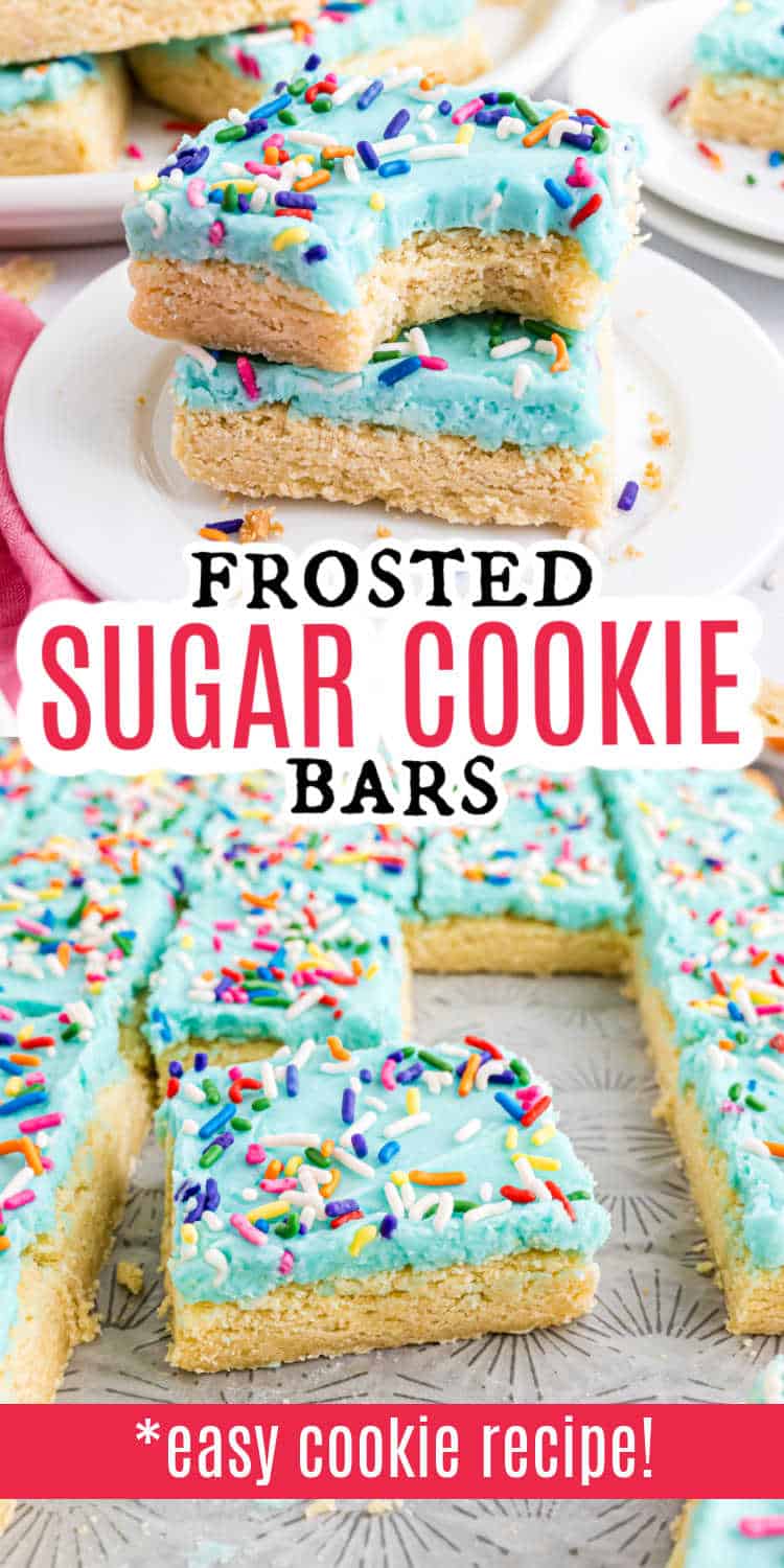 Frosted sugar cookie bars with blue frosting and rainbow sprinkles are cut into thick squares, ready to serve on plates and trays.