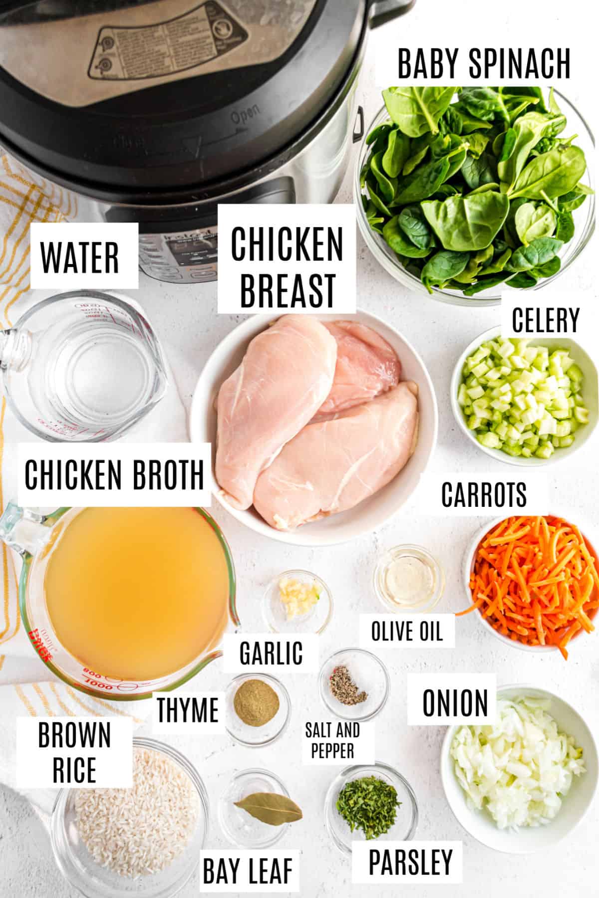 Ingredients needed for instant pot chicken and rice soup.