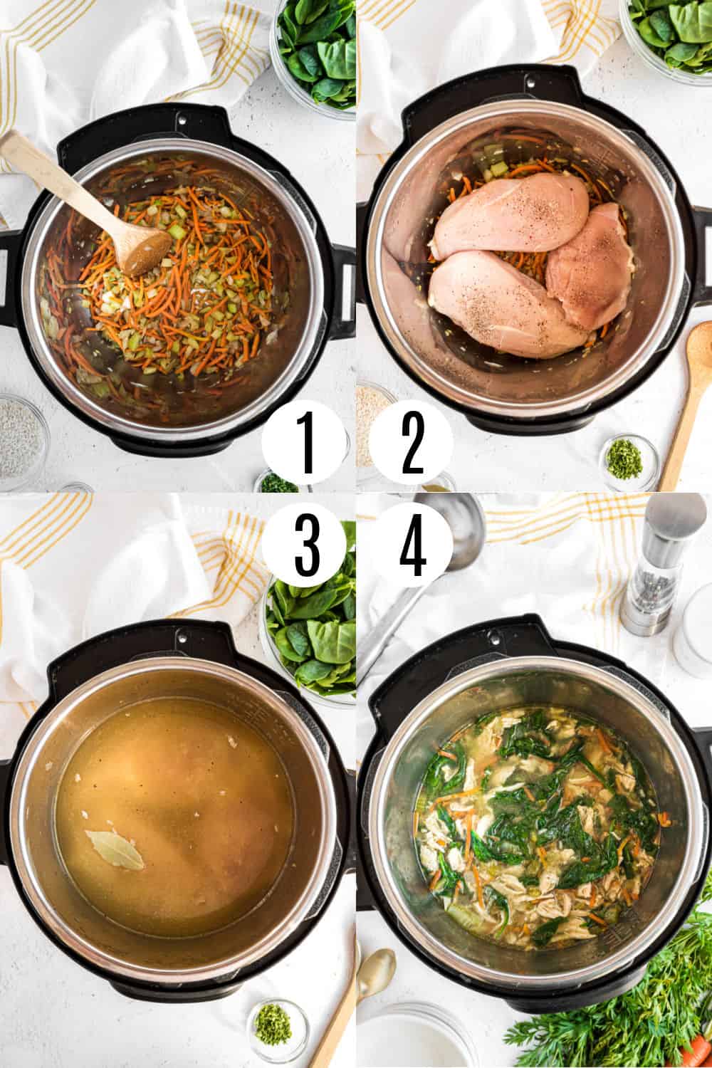 Step by step photos showing how to make instant pot chicken and rice soup.