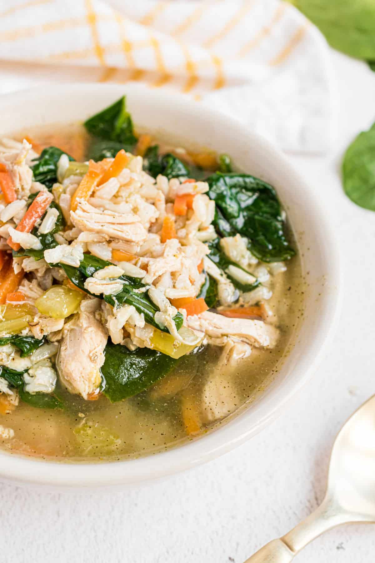 Chicken and rice soup in a serving bowl.