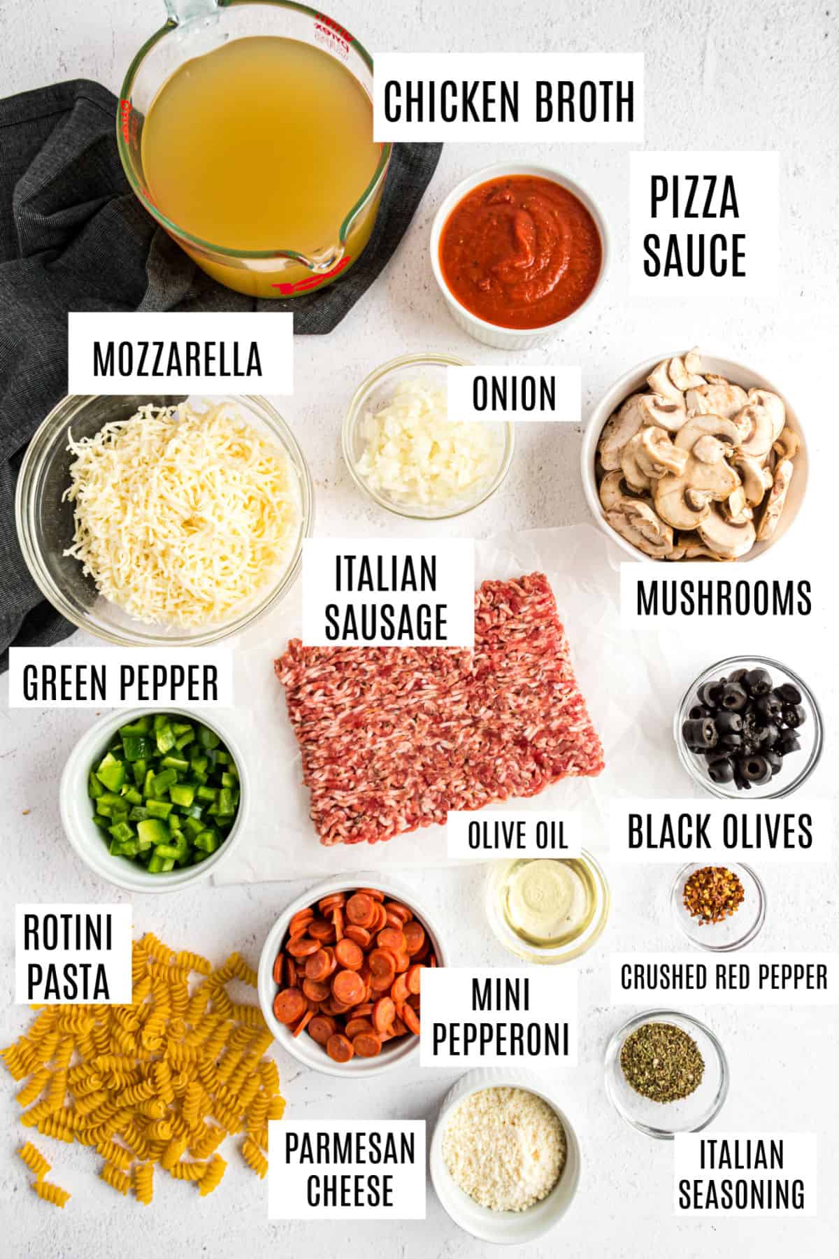 Ingredients needed to make pizza pasta in the Instant Pot.